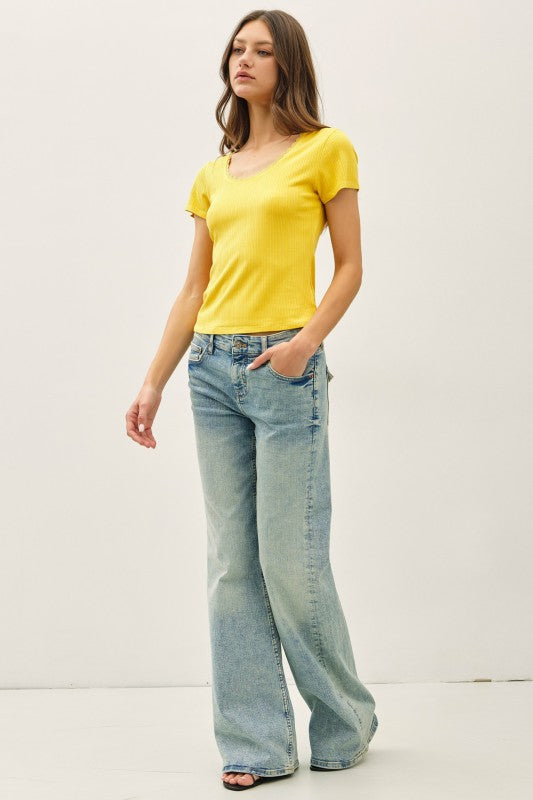 Lemon Lace Trimmed Scoop Neck Top
