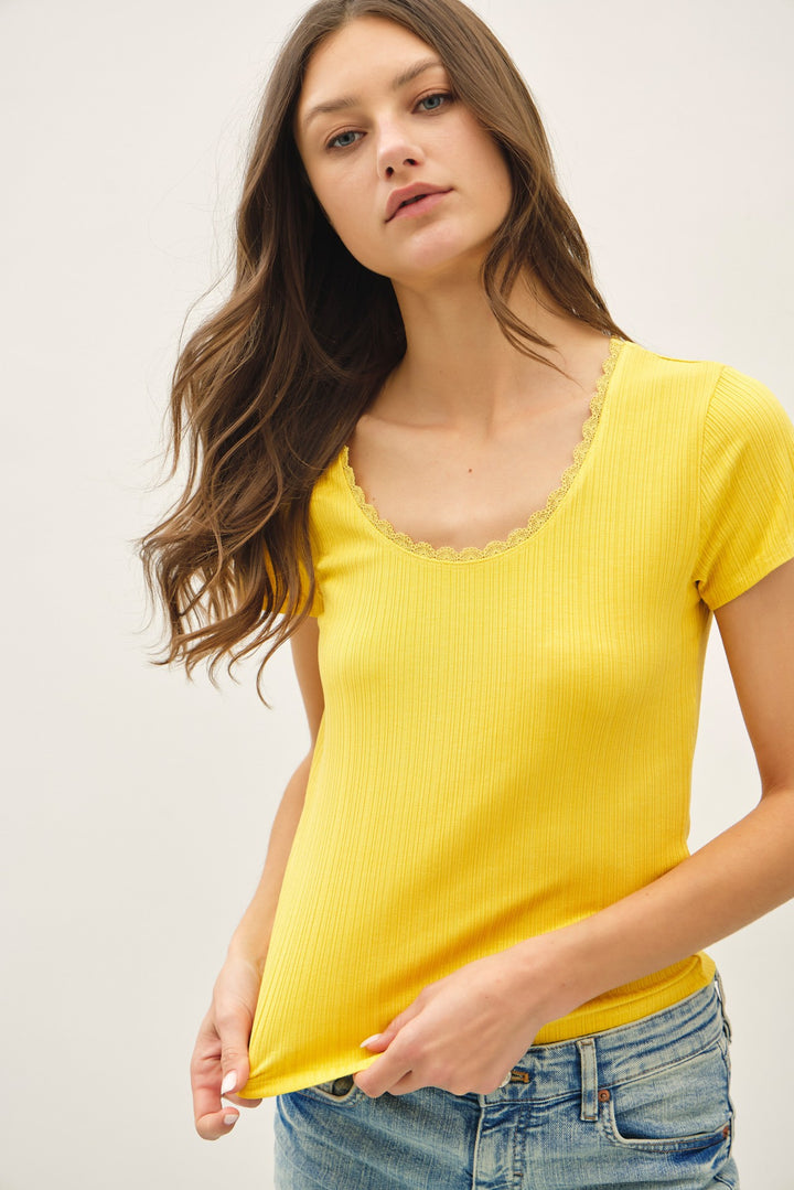 Lemon Lace Trimmed Scoop Neck Top