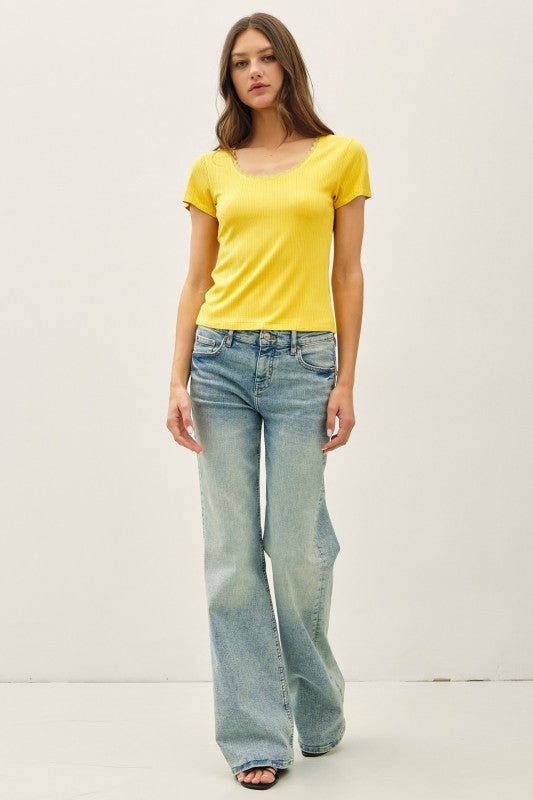 Lemon Lace Trimmed Scoop Neck Top
