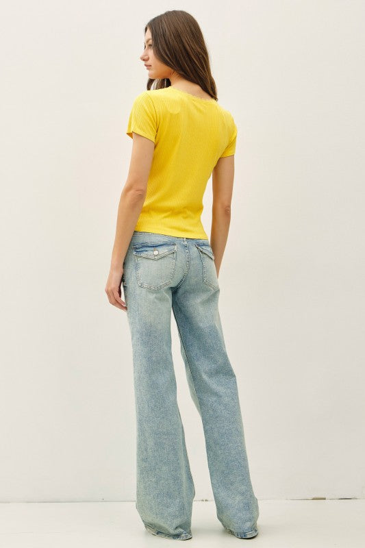 Lemon Lace Trimmed Scoop Neck Top
