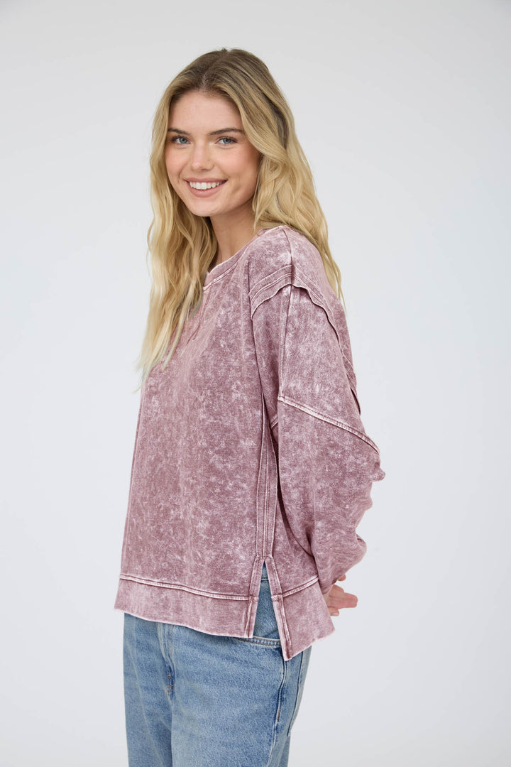 Maroon Acid Wash Knit Top