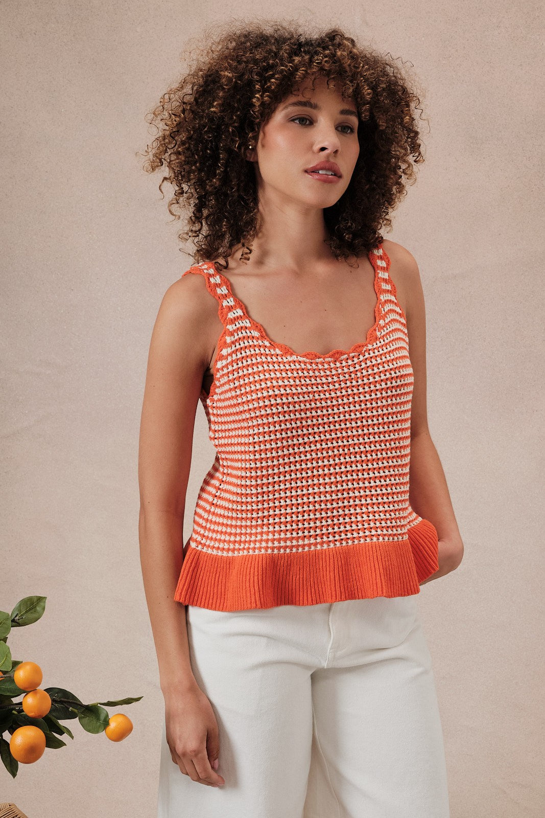 Orange Crochet Peplum Knit Sweater Tank