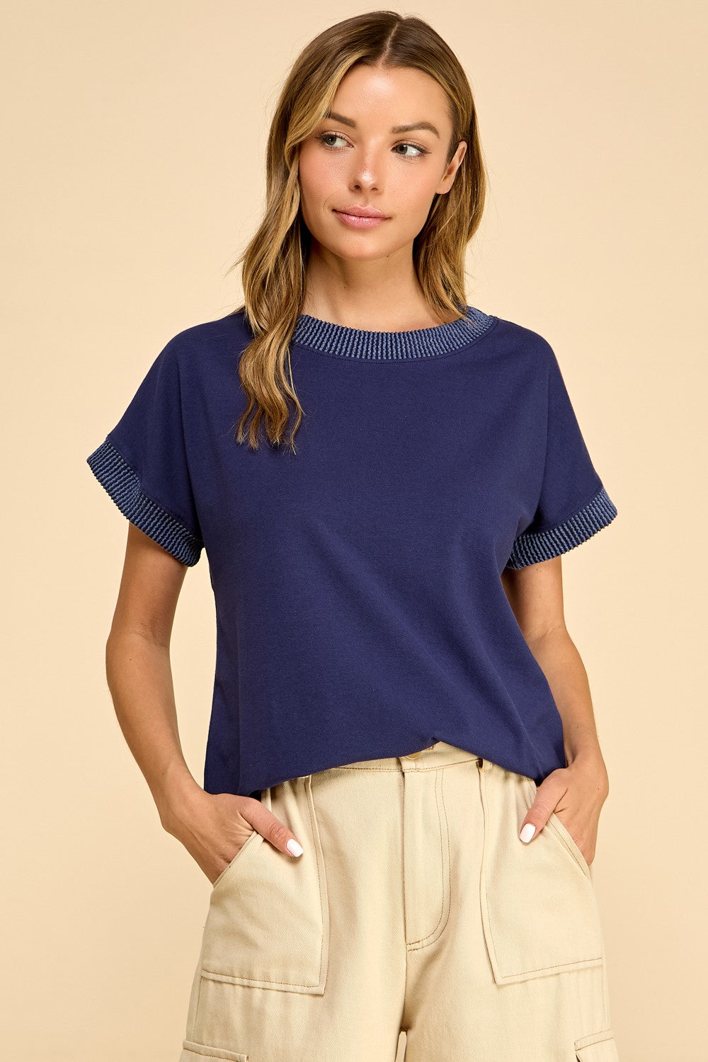 Navy Ribbed Sleeve Top