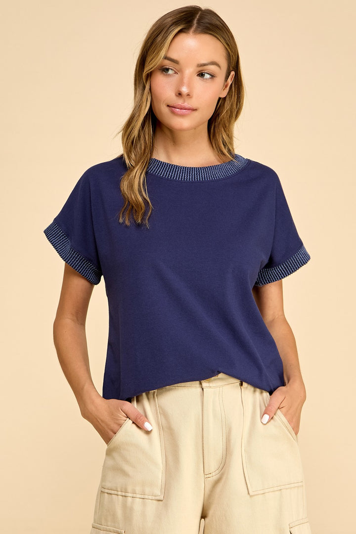 Navy Ribbed Sleeve Top