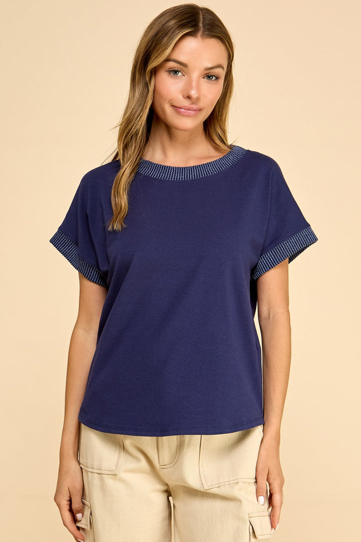 Navy Ribbed Sleeve Top