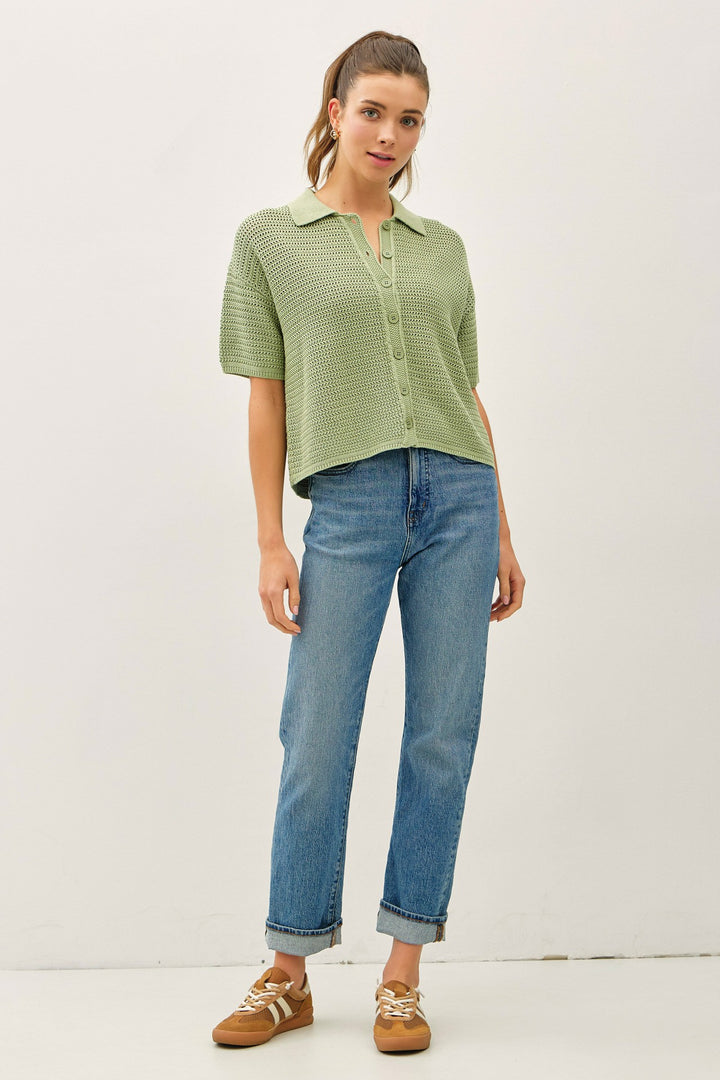 Sage Crochet Button Up Sweater Shirt