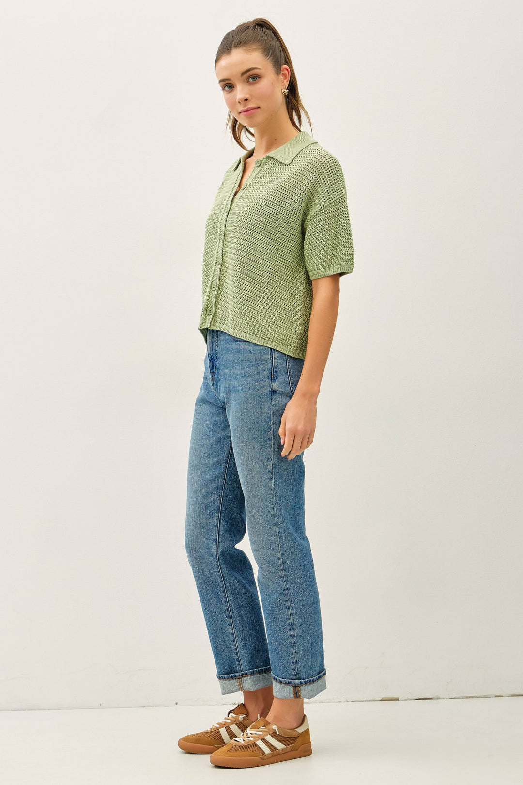 Sage Crochet Button Up Sweater Shirt