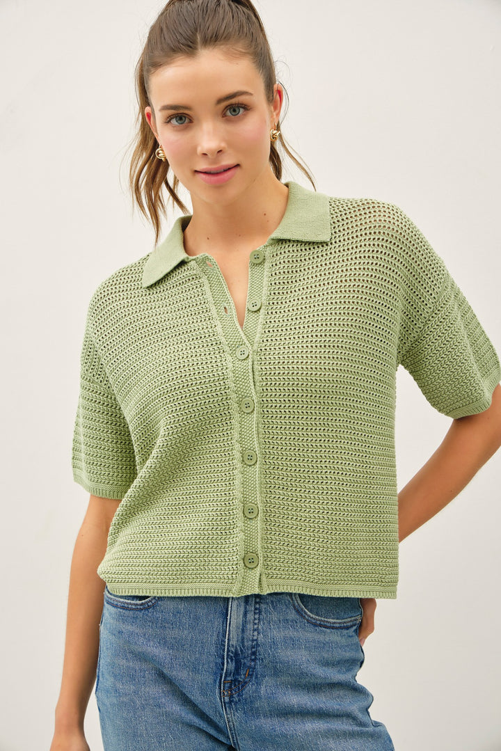 Sage Crochet Button Up Sweater Shirt