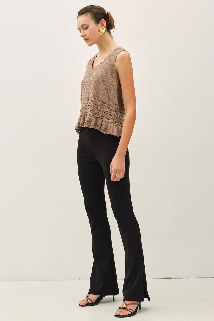Mocha Ruffled Crochet Knit Top
