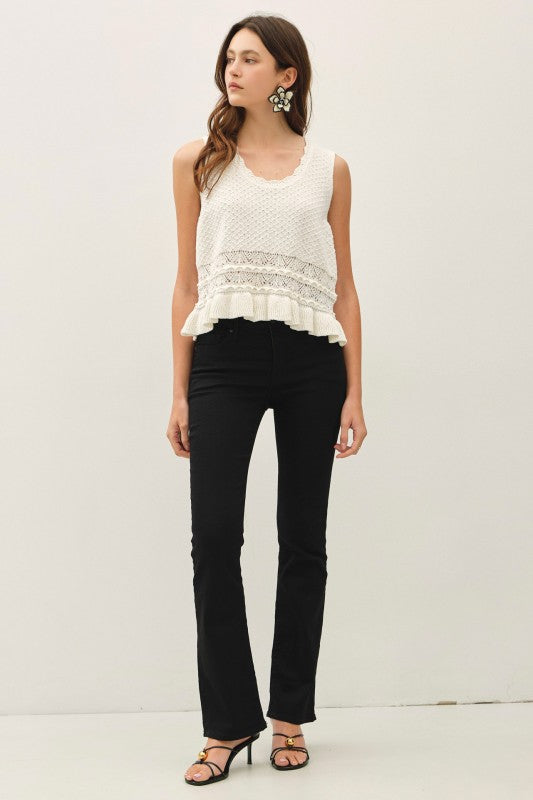 Ivory Ruffled Crochet Knit Top