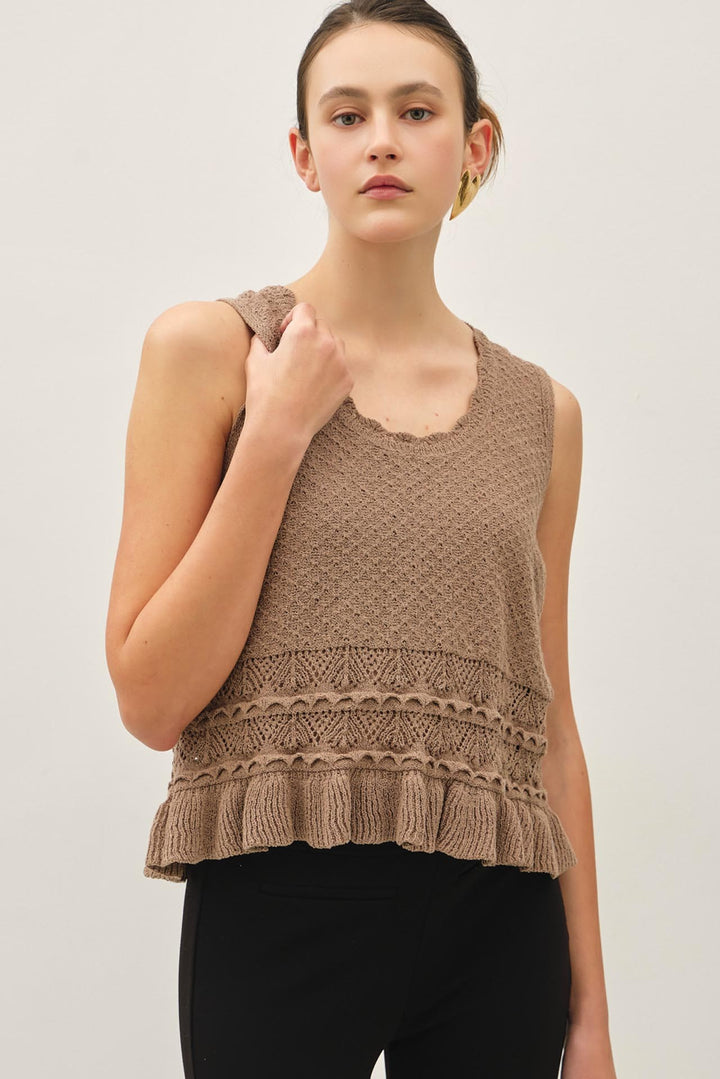 Mocha Ruffled Crochet Knit Top