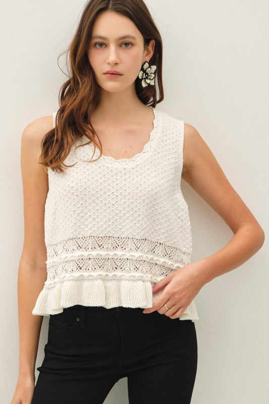 Ivory Ruffled Crochet Knit Top