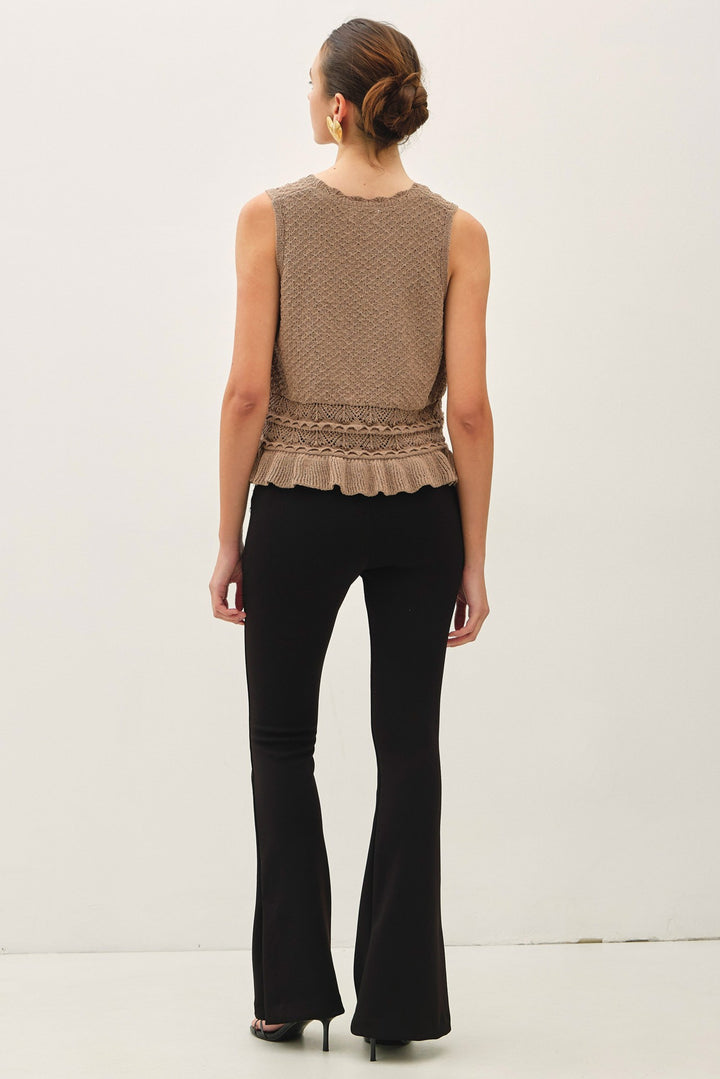 Mocha Ruffled Crochet Knit Top