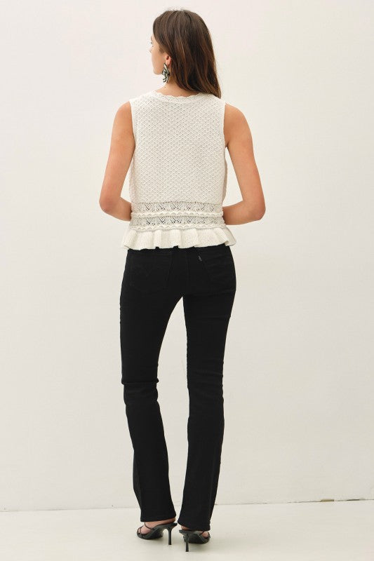 Ivory Ruffled Crochet Knit Top