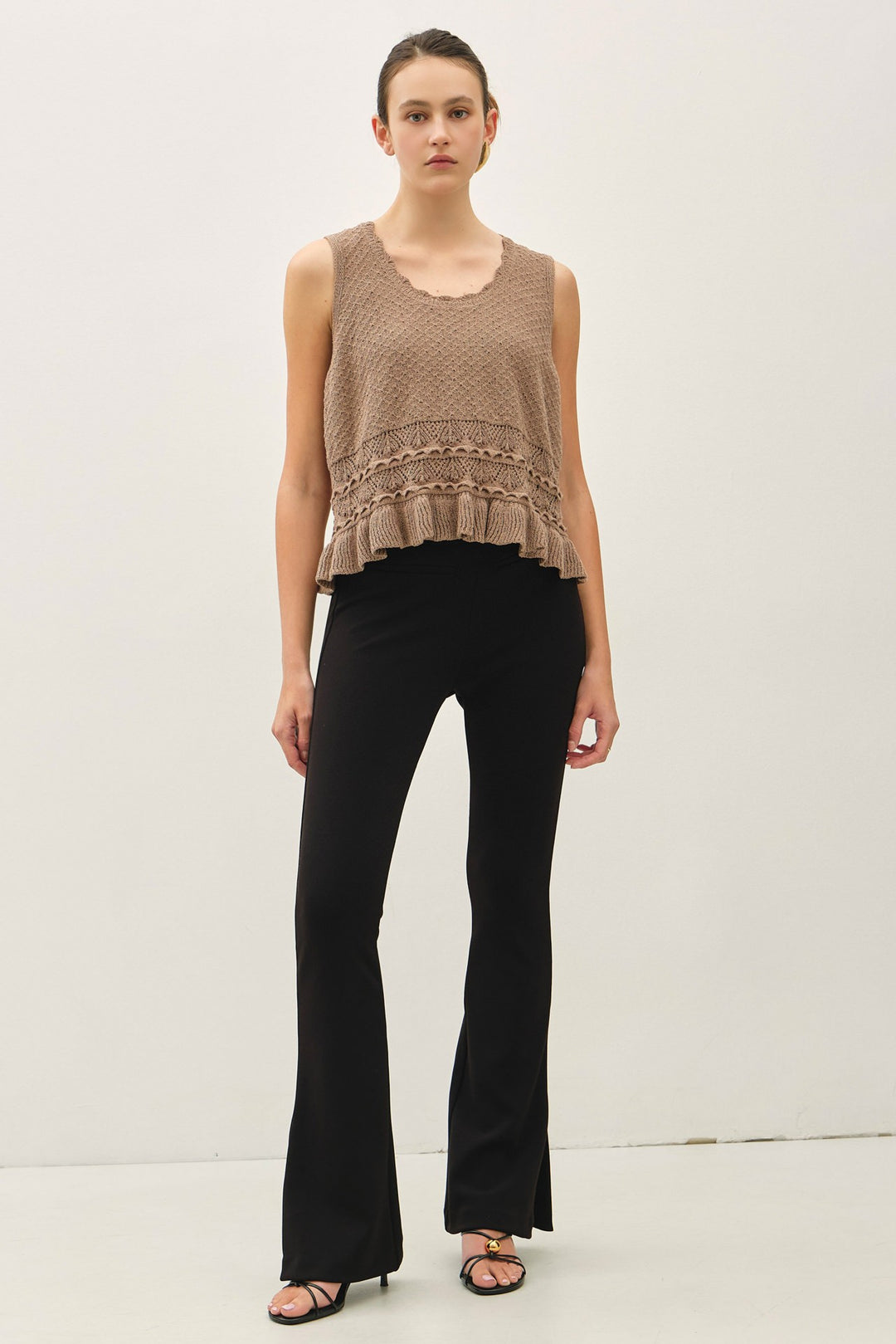 Mocha Ruffled Crochet Knit Top