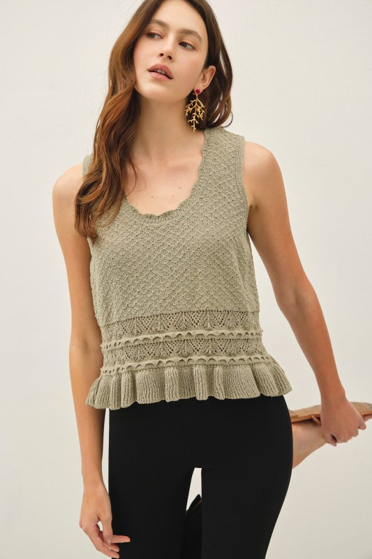 Sage Ruffled Crochet Knit Top