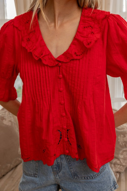 Tomato Red Embroidered Collar Blouse
