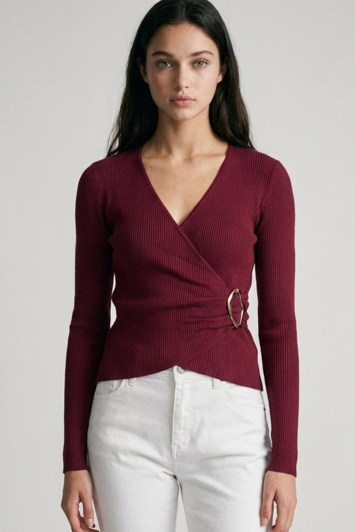 Wine Ribbed Wrap Front Blouse