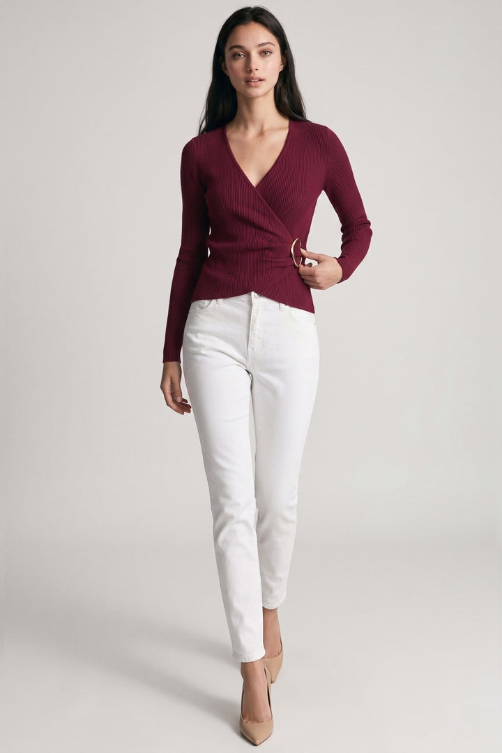 Wine Ribbed Wrap Front Blouse