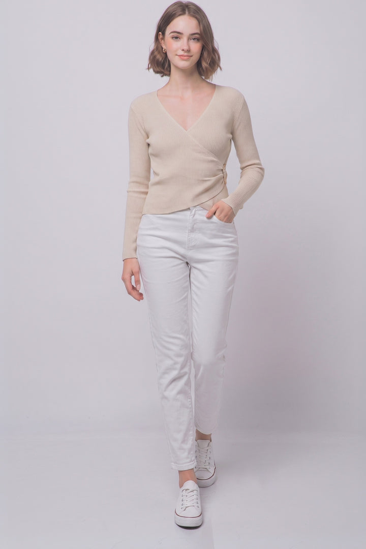 Oatmeal Ribbed Wrap Front Blouse