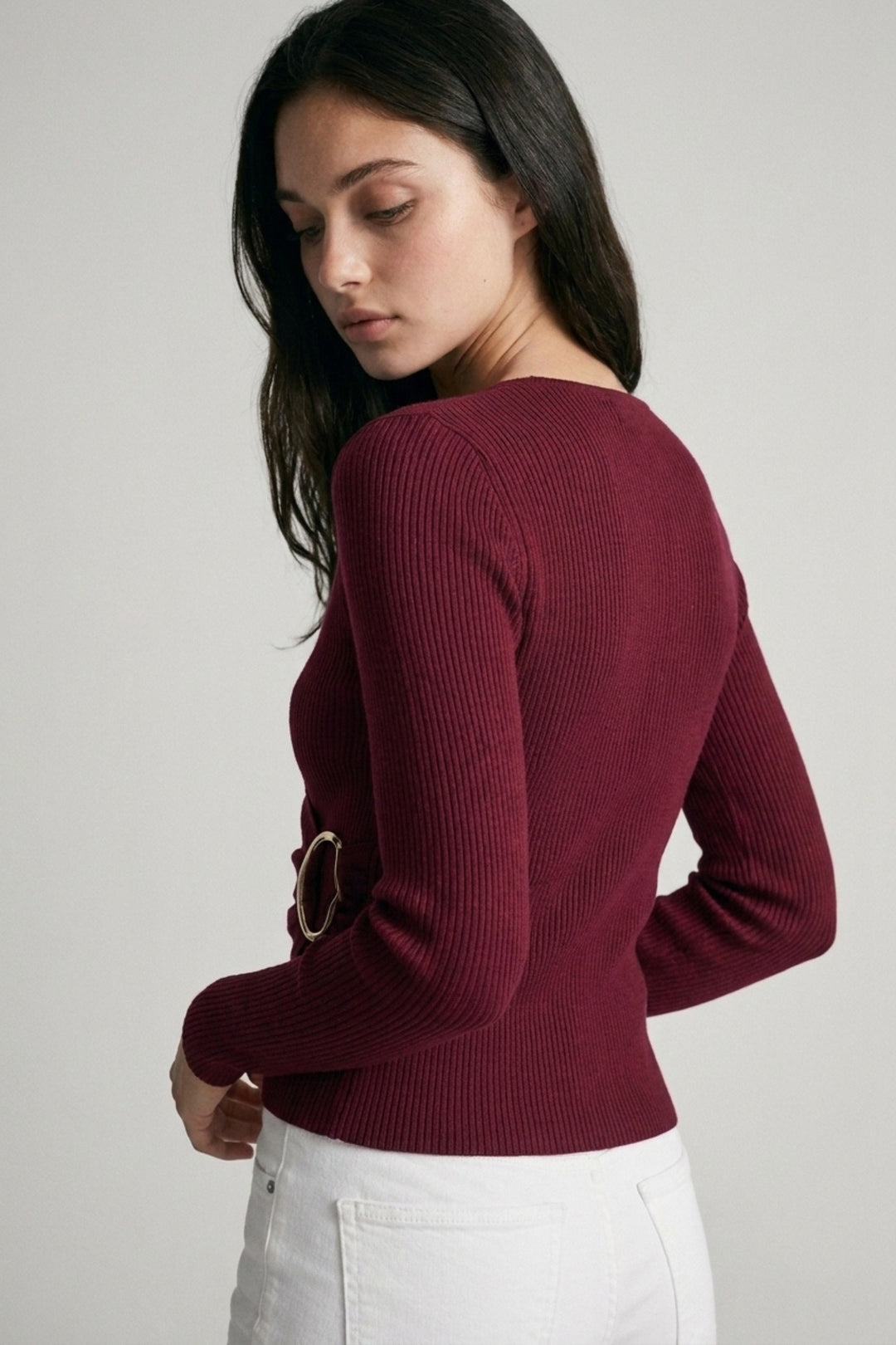 Wine Ribbed Wrap Front Blouse