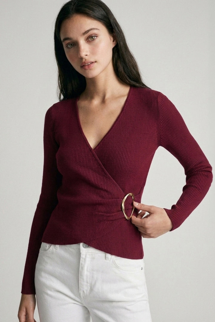 Wine Ribbed Wrap Front Blouse
