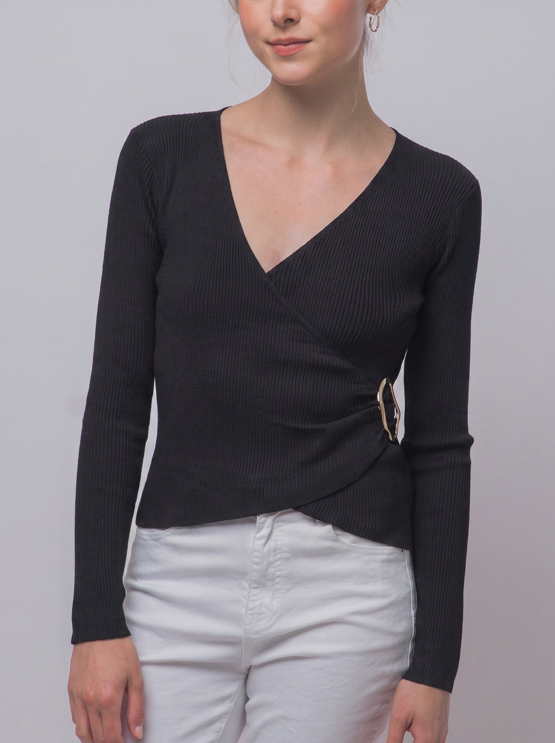 Black Ribbed Wrap Front Blouse