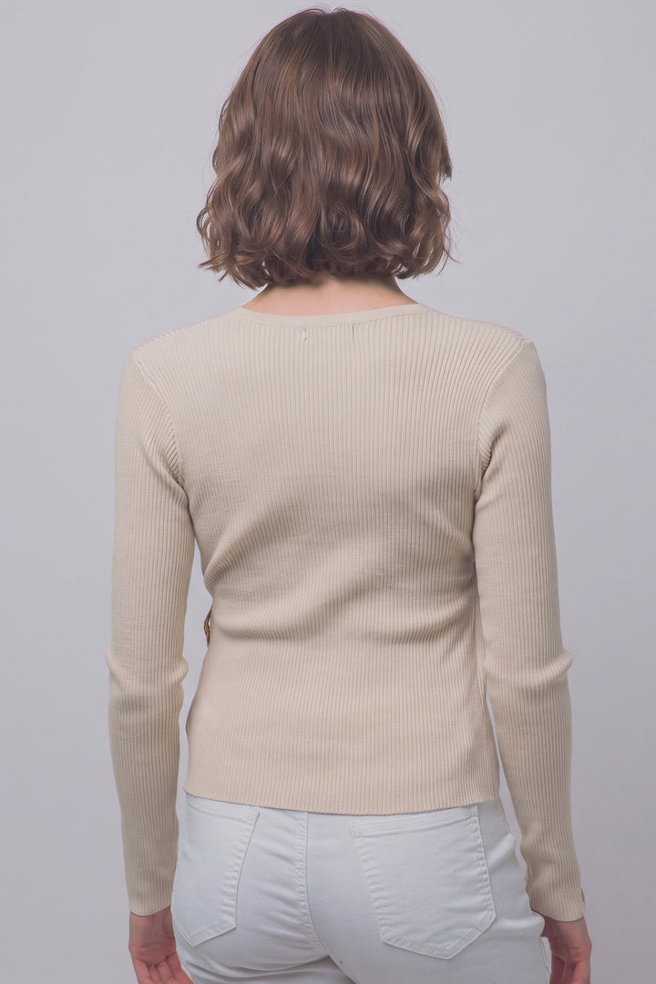 Oatmeal Ribbed Wrap Front Blouse