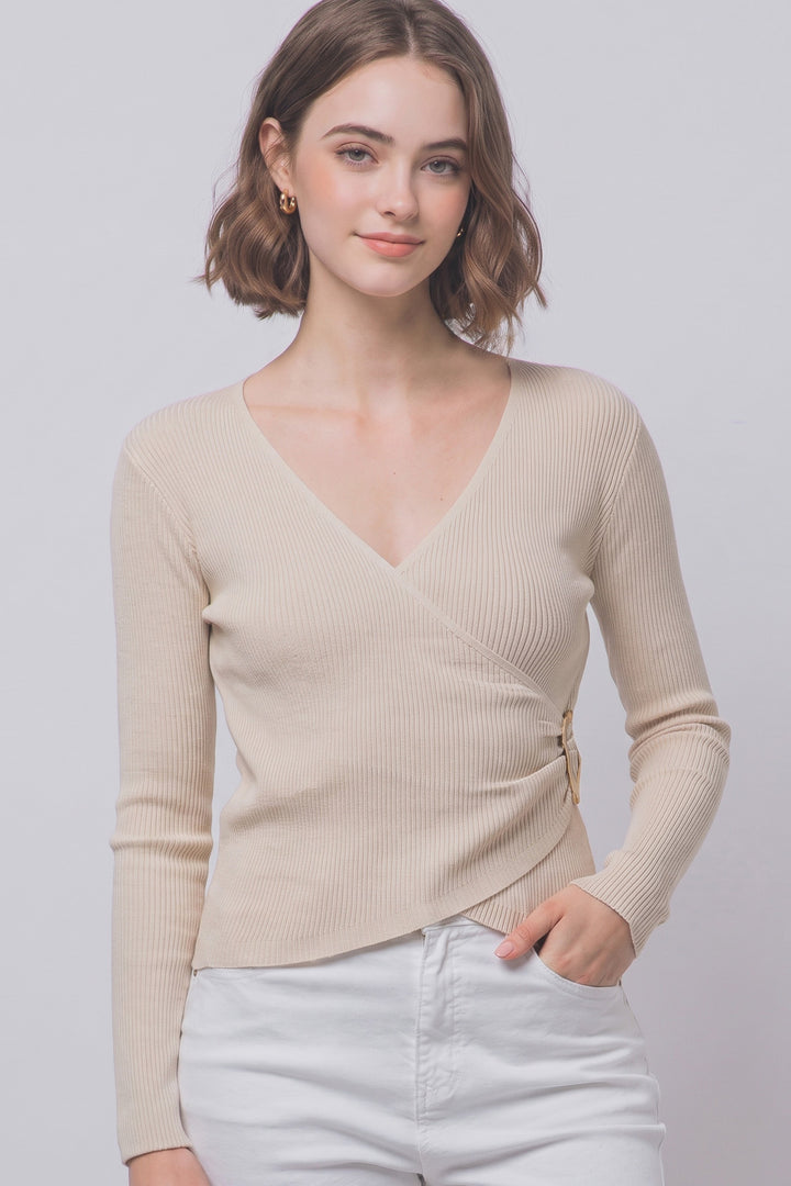 Oatmeal Ribbed Wrap Front Blouse