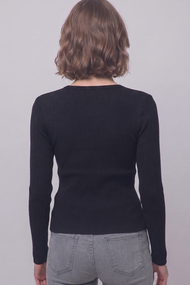 Black Ribbed Wrap Front Blouse
