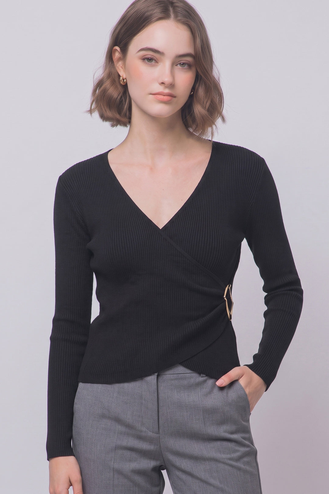 Black Ribbed Wrap Front Blouse