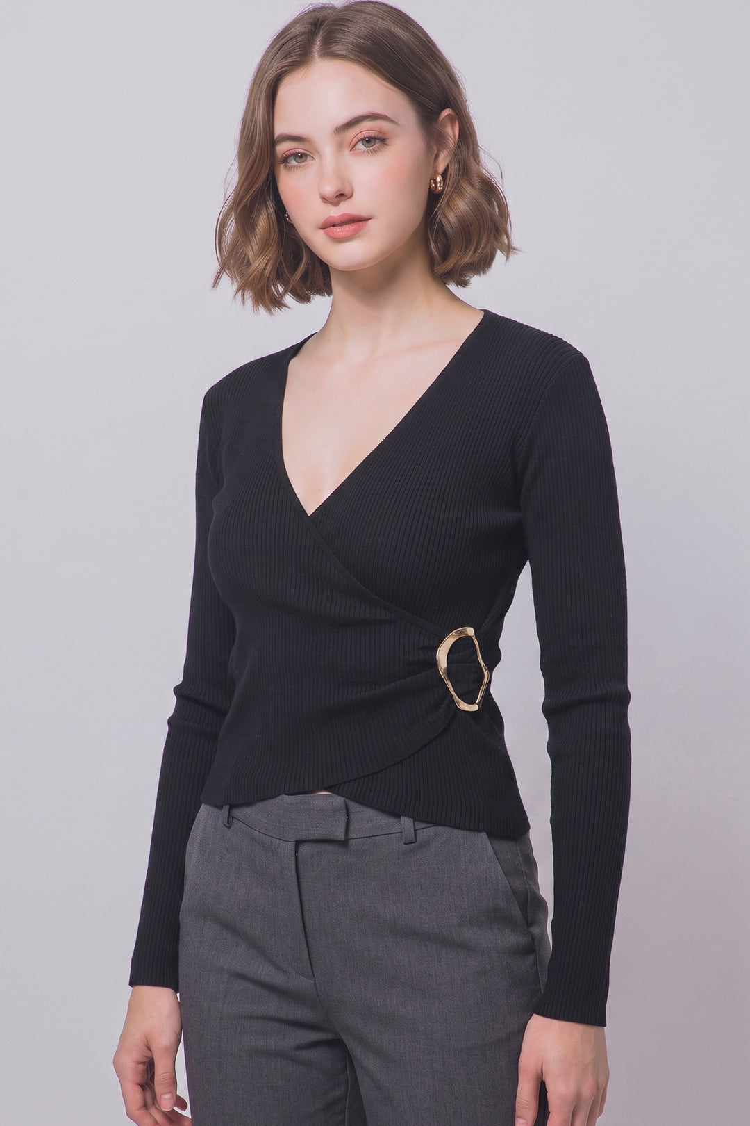 Black Ribbed Wrap Front Blouse