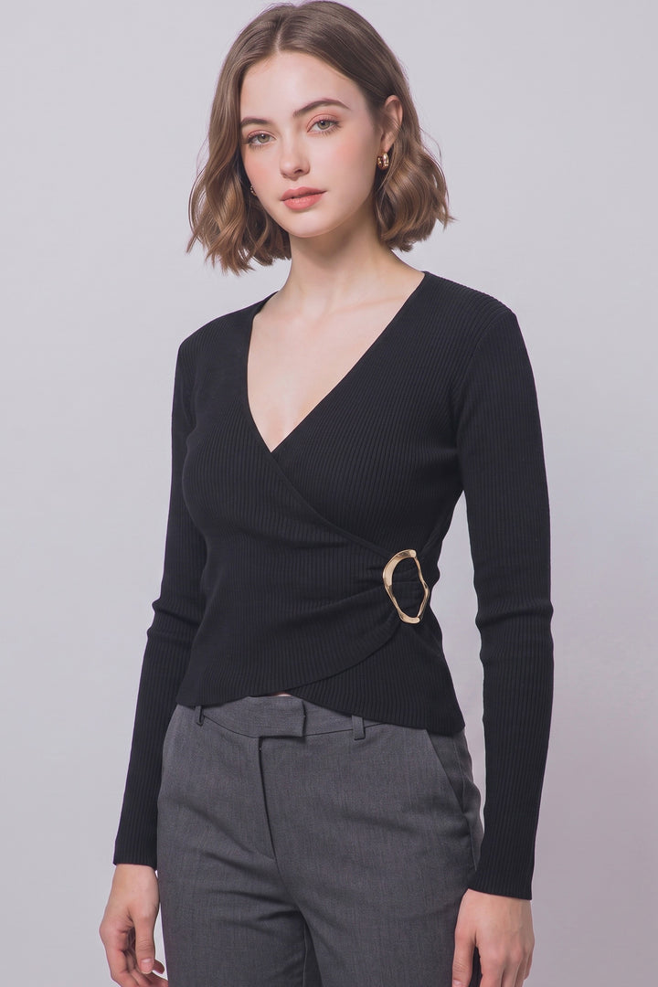 Black Ribbed Wrap Front Blouse