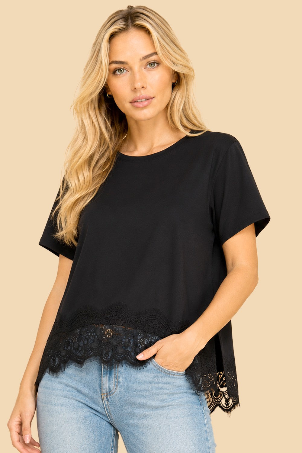 Black Asymmetrical Lace Trim Top
