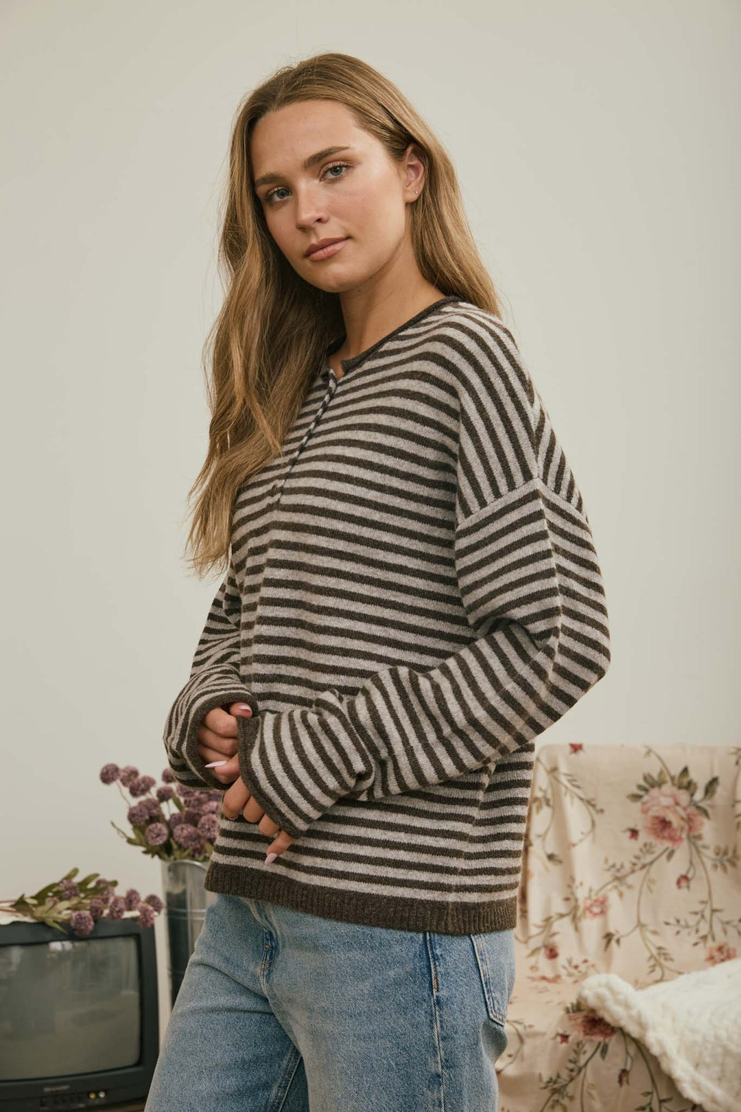 Brown Button Henley Stripe Sweater