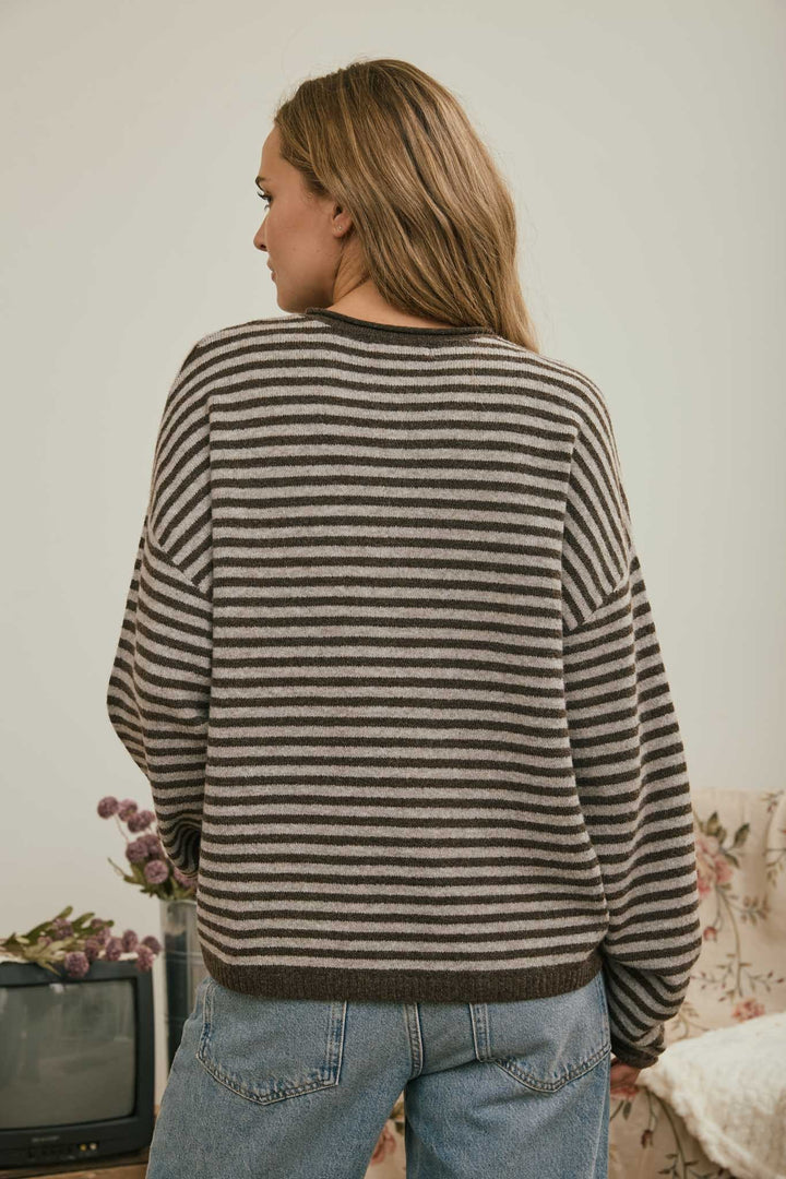 Brown Button Henley Stripe Sweater