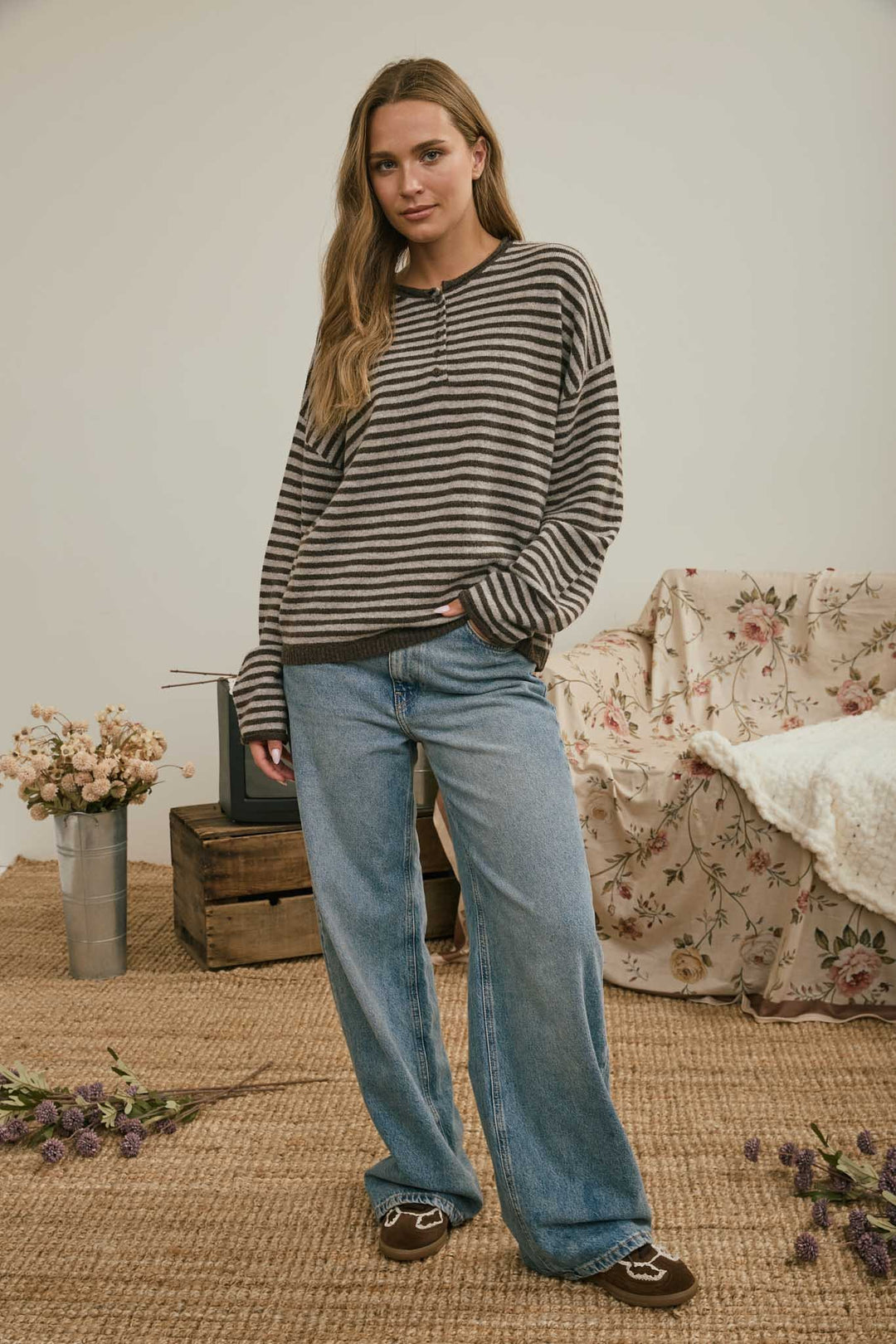 Brown Button Henley Stripe Sweater