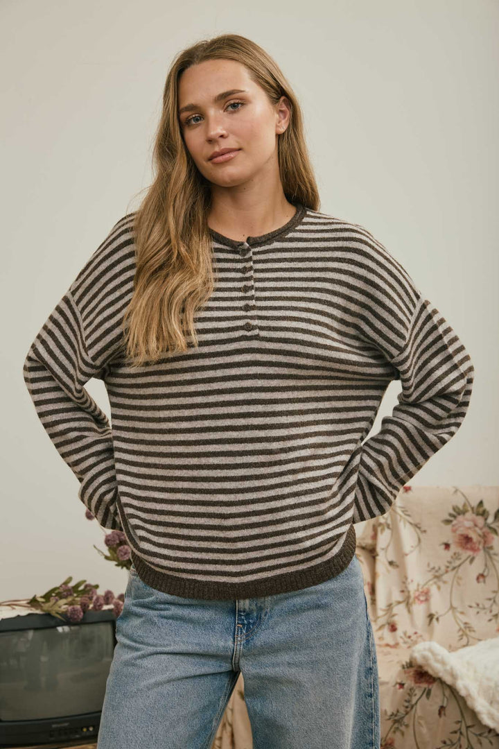 Brown Button Henley Stripe Sweater