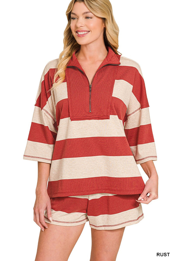 Rust French Terry Striped Top & Shorts Set