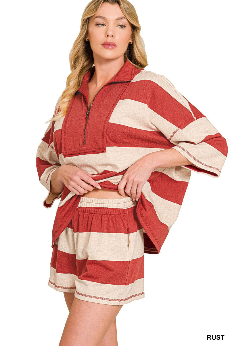 Rust French Terry Striped Top & Shorts Set