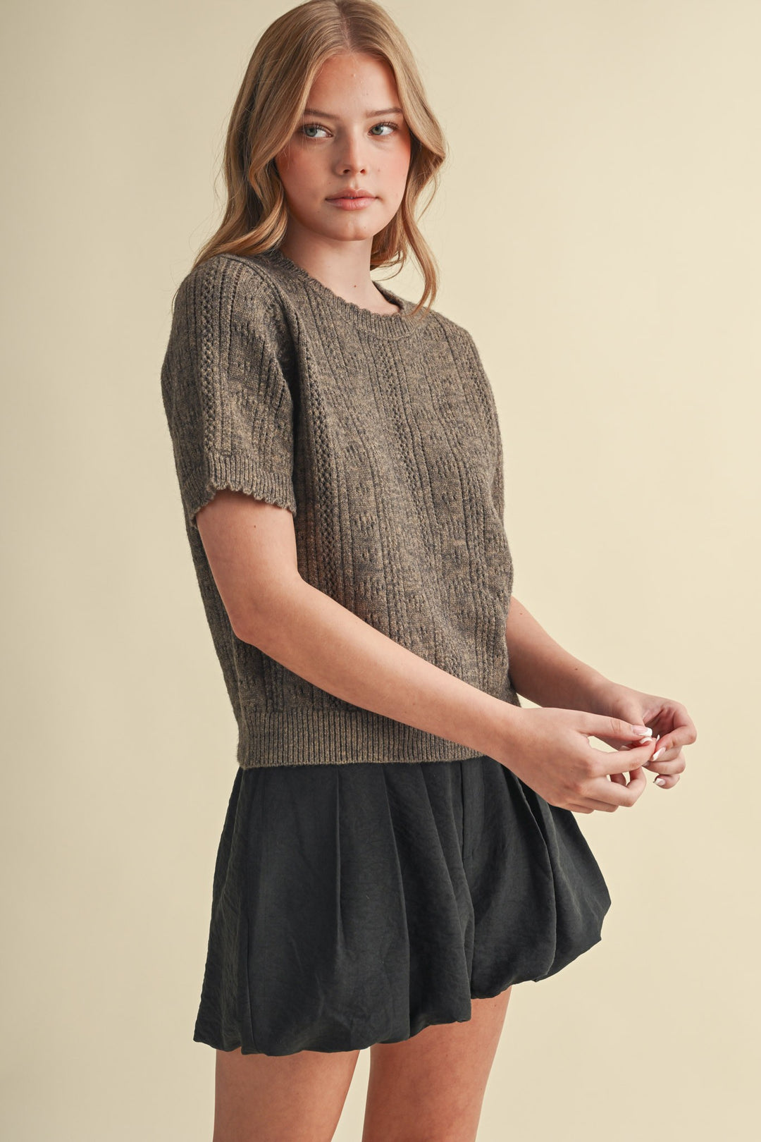 Smoky Brown Pointelle Short Sleeve Sweater