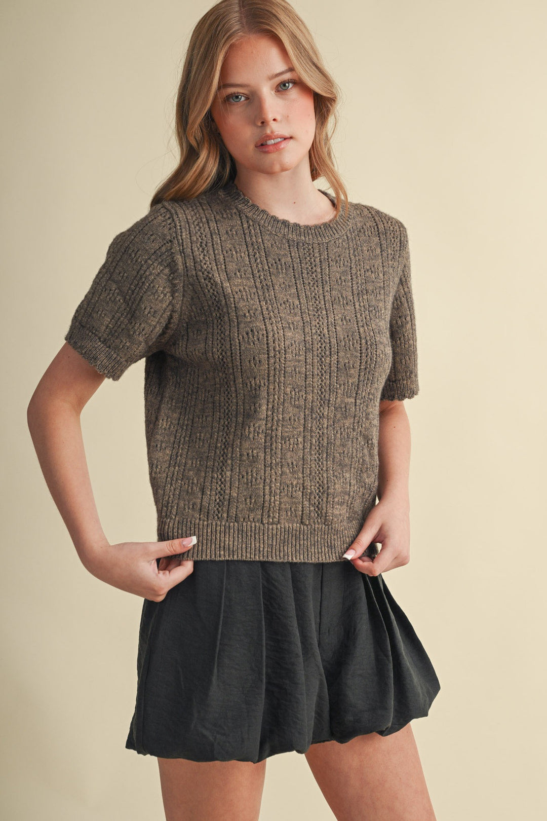 Smoky Brown Pointelle Short Sleeve Sweater