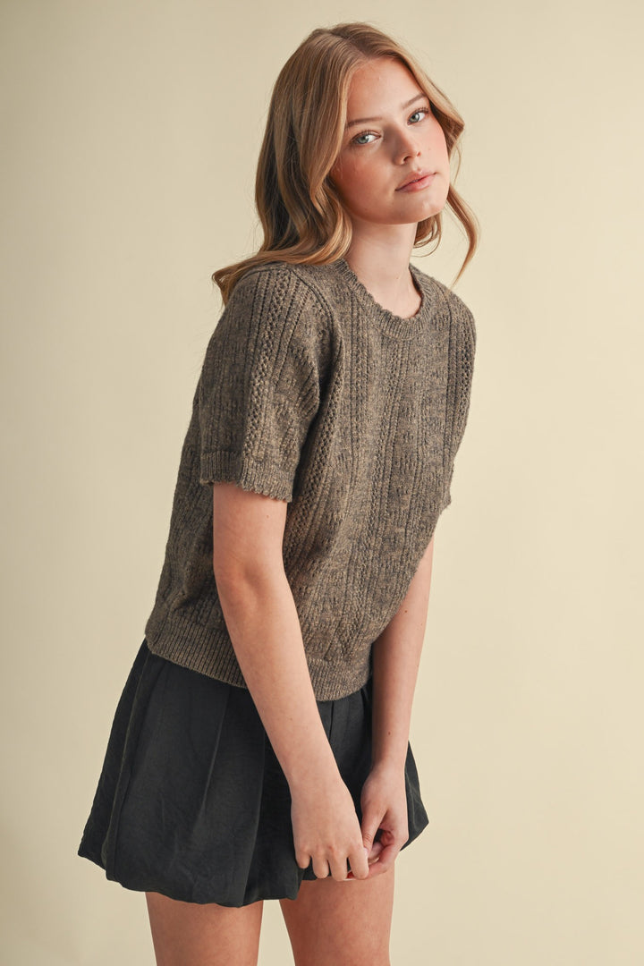 Smoky Brown Pointelle Short Sleeve Sweater