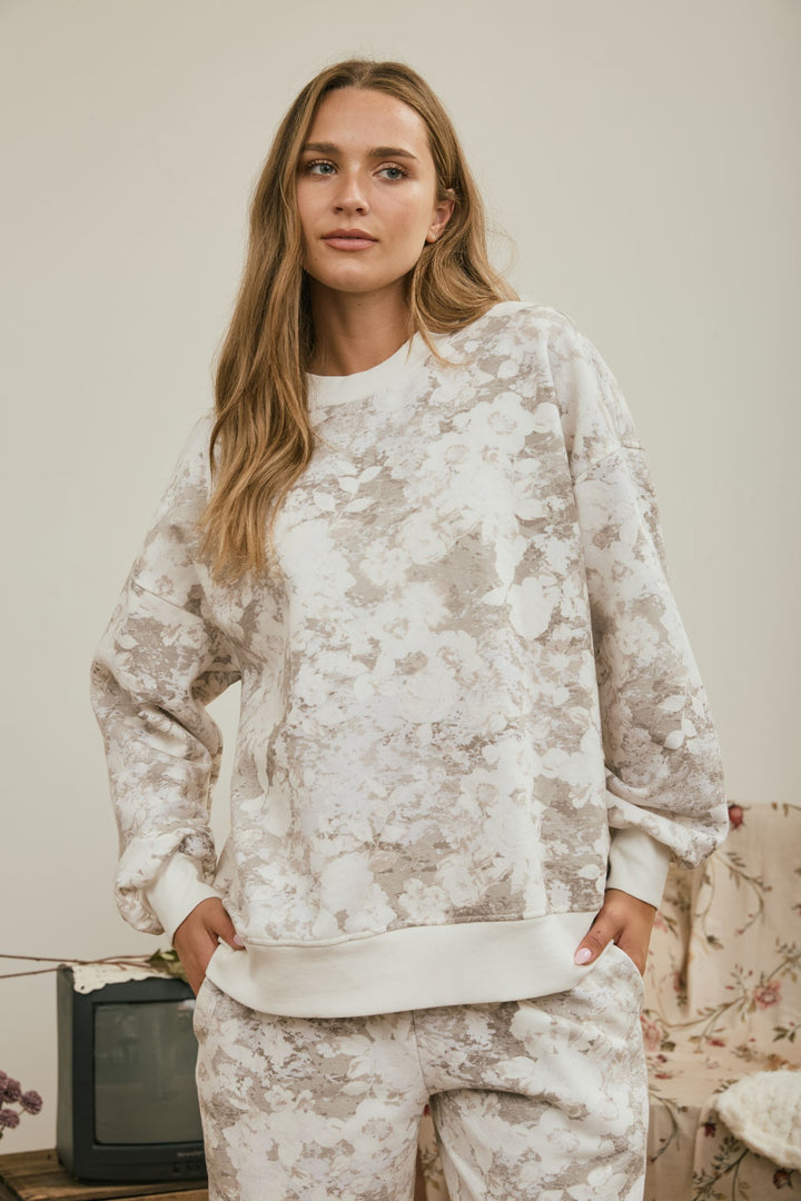Grey Floral Wash Knit Top