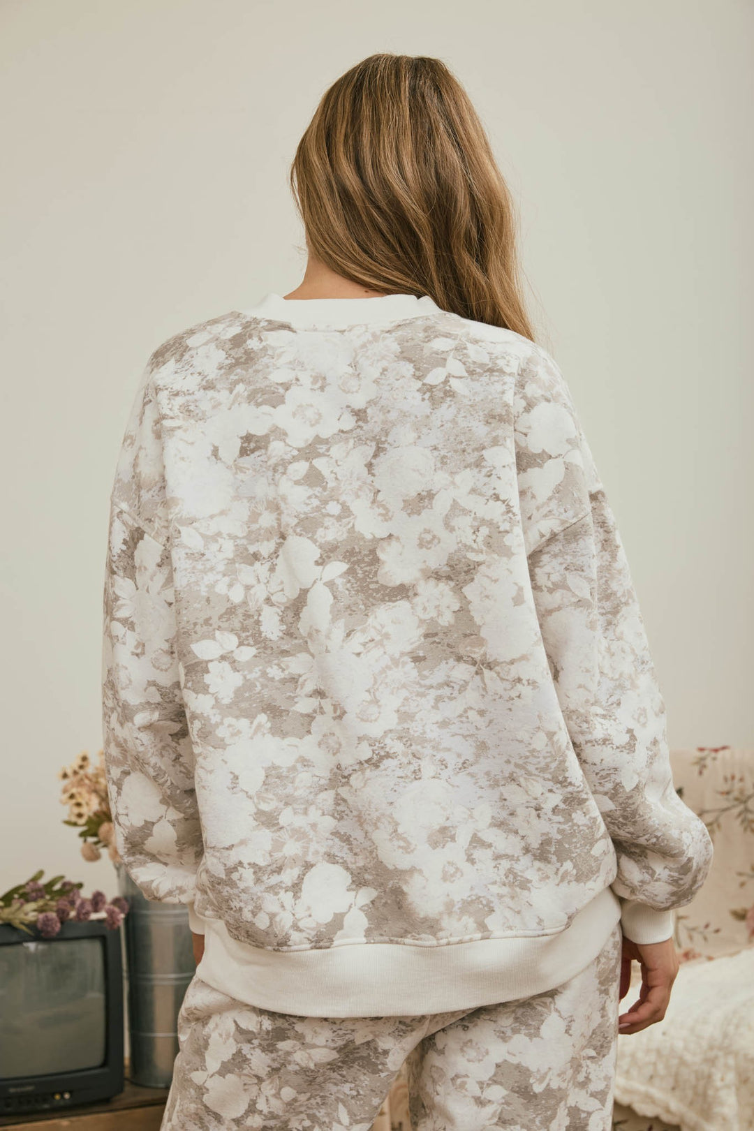 Grey Floral Wash Knit Top