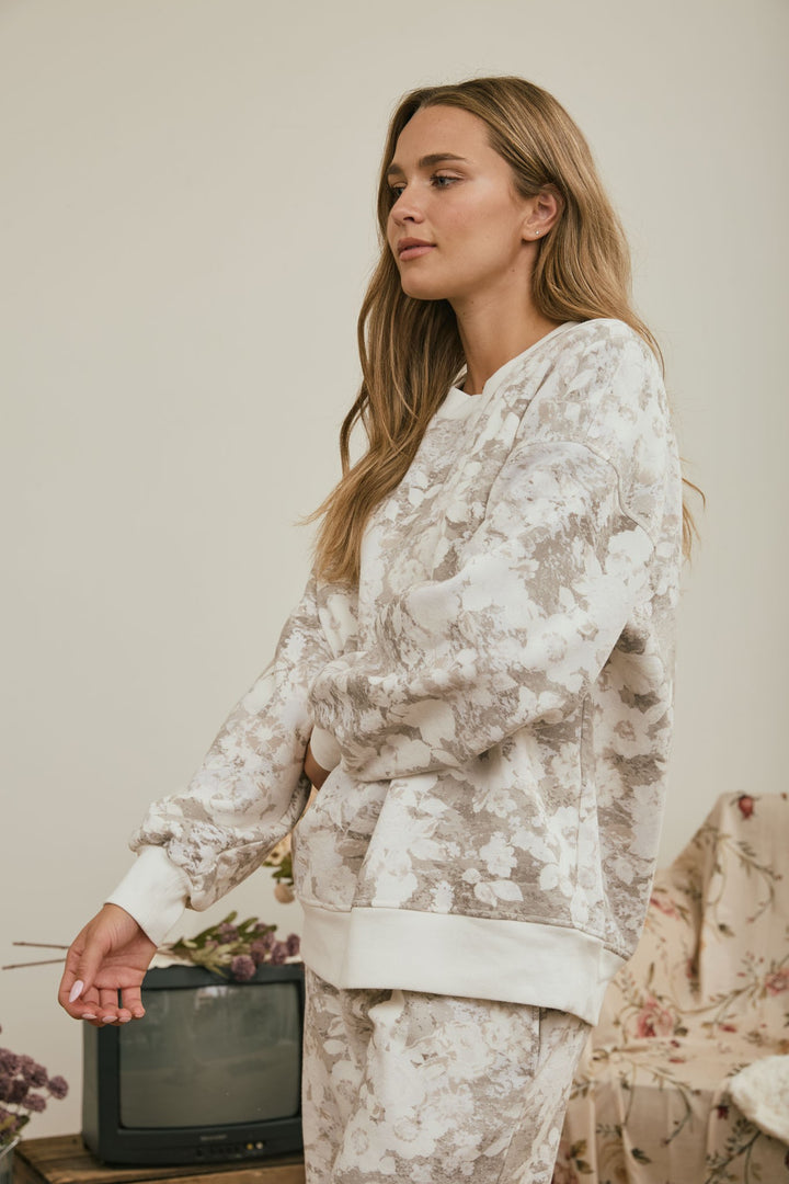 Grey Floral Wash Knit Top
