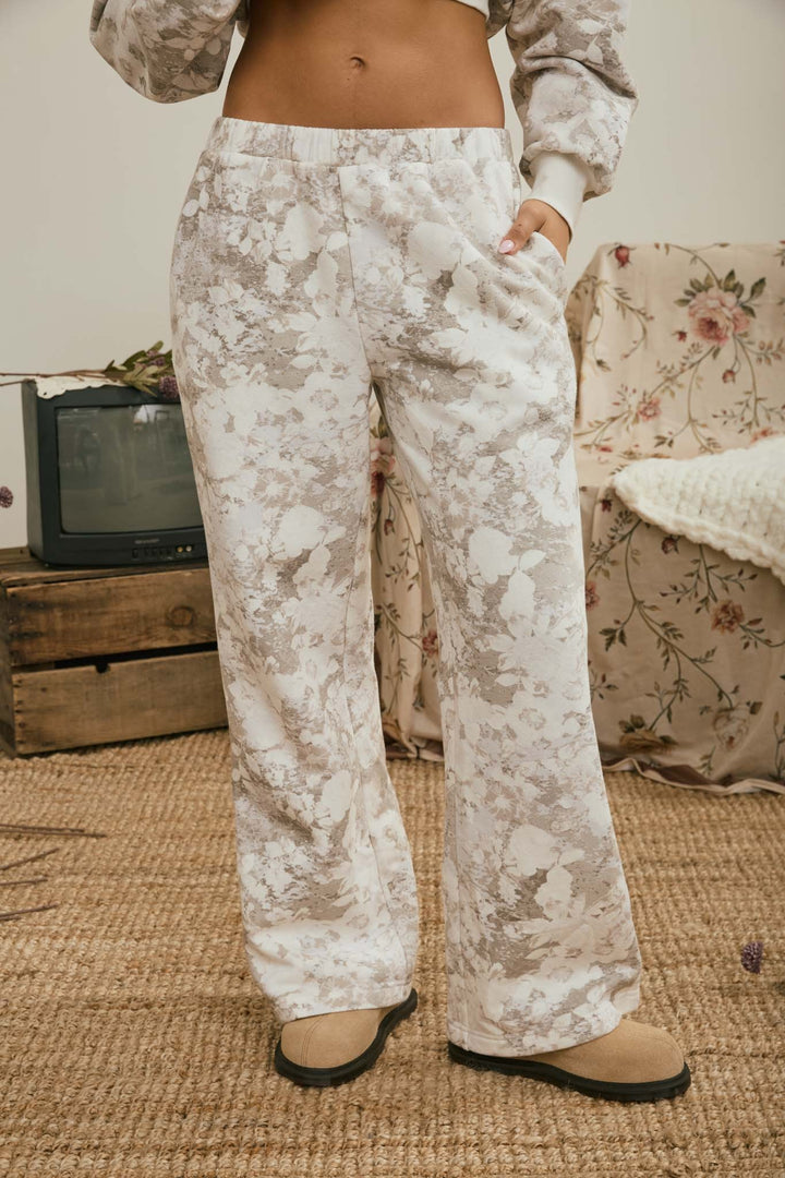 Grey Floral Wash Wide Leg Pants