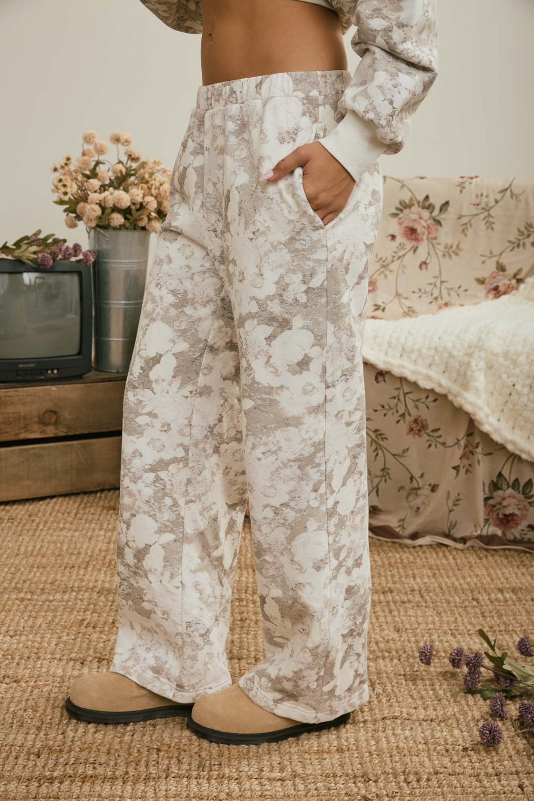 Grey Floral Wash Wide Leg Pants