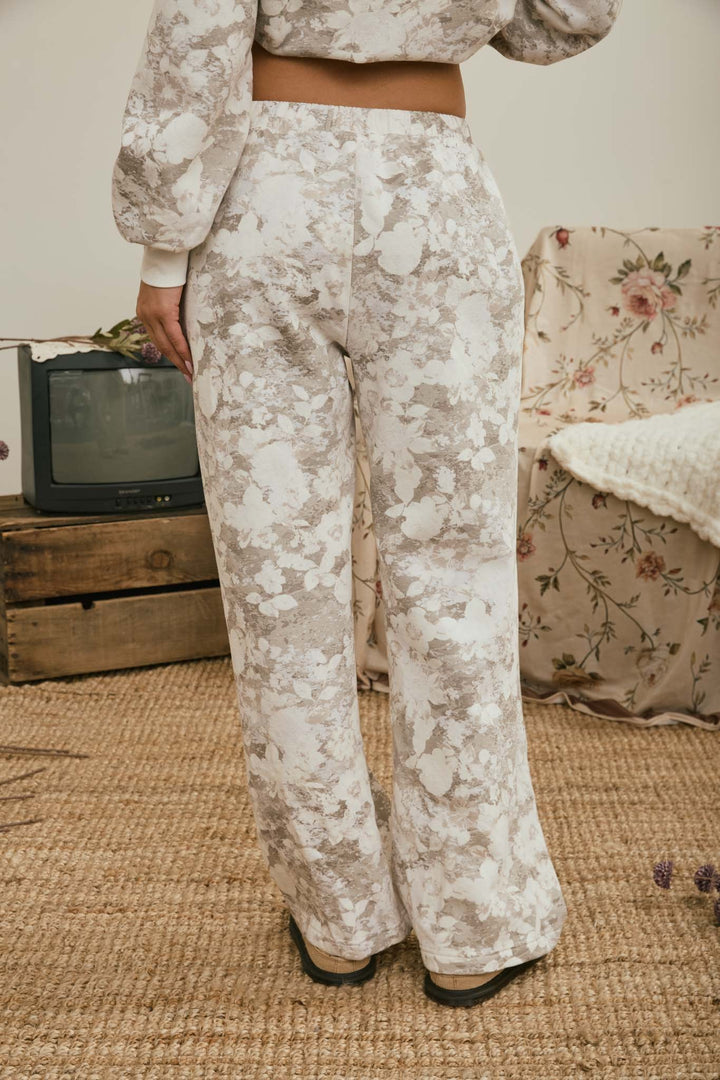 Grey Floral Wash Wide Leg Pants
