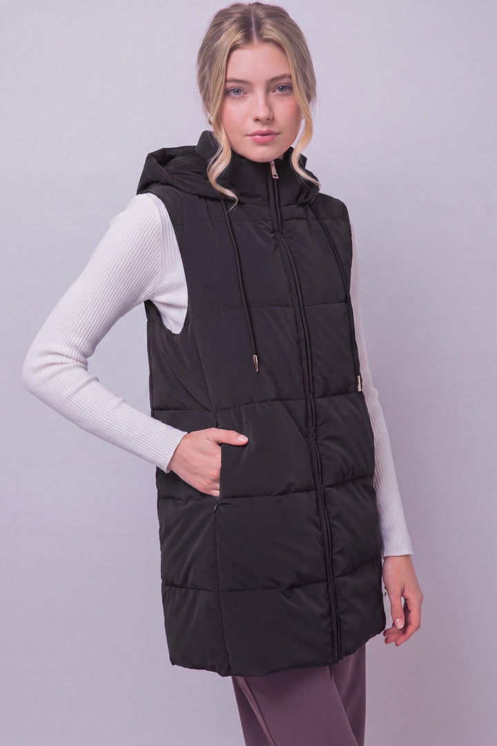 Black Long Hooded Puffer Vest